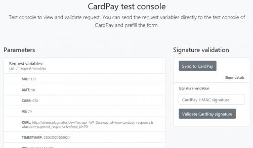 CardPay testovacia konzola